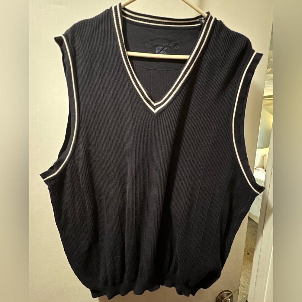 Cutter & Buck Navy Blue Ribbed Sweater Vest Mens Large Cotton V-Neck Classic